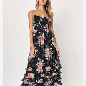 Lulu's Elegant Black and Pink Floral Midi Dress